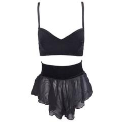 1980's Dolce & Gabbana Black Velvet Bra Top & Sheer Black Silk Shorts Set 42 XS 9