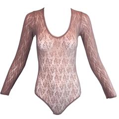 1990's With Tags Christian Dior Nude Tan Mesh Logo Sheer Bodysuit 2