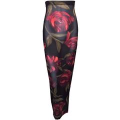 C. 1996 Dolce & Gabbana Sheer Silk Roses Black High Waisted Wiggle Skirt