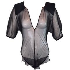 C. 1995 Dolce & Gabbana Sheer Black Mesh Plunging V-neck Bodysuit Top