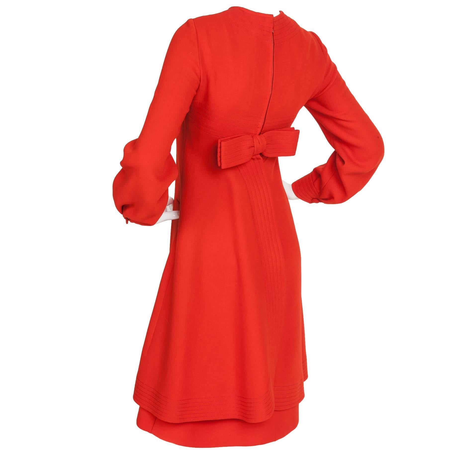 Pierre Cardin Red Wool Dress w/Channel Stitched Design Motif ca. 1970