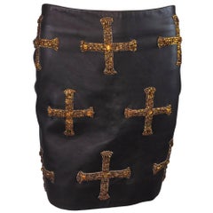 F/W 1997 Atelier Versace by Gianni Runway Crystal Cross Black Leather Mini Skirt