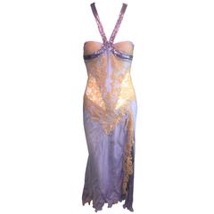 S/S 2003 Versace Runway Lilac Purple Chainmail Metal Nude Lace Mesh Sheer Dress
