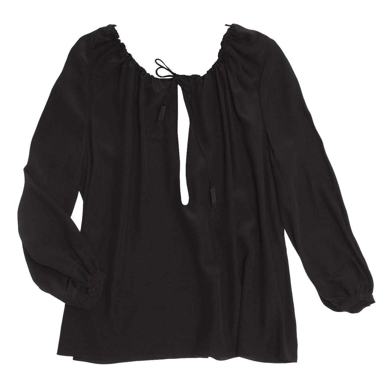 Saint Laurent Black Silk Peasant Style Top For Sale