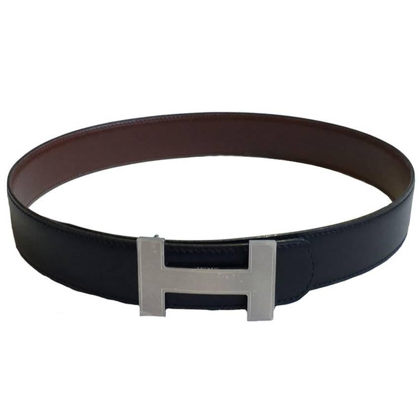 HERMES Reversible Belt H in Black and Brown Leather Size 72FR 
