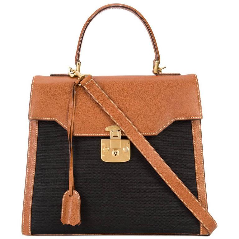Gucci Vintage Cognac Leather Black Canvas Kelly Top Handle Satchel Shoulder Bag at 1stdibs
