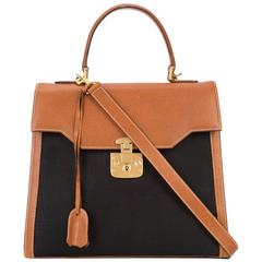 Gucci Vintage Cognac Leather Black Canvas Kelly Top Handle Satchel Shoulder Bag 