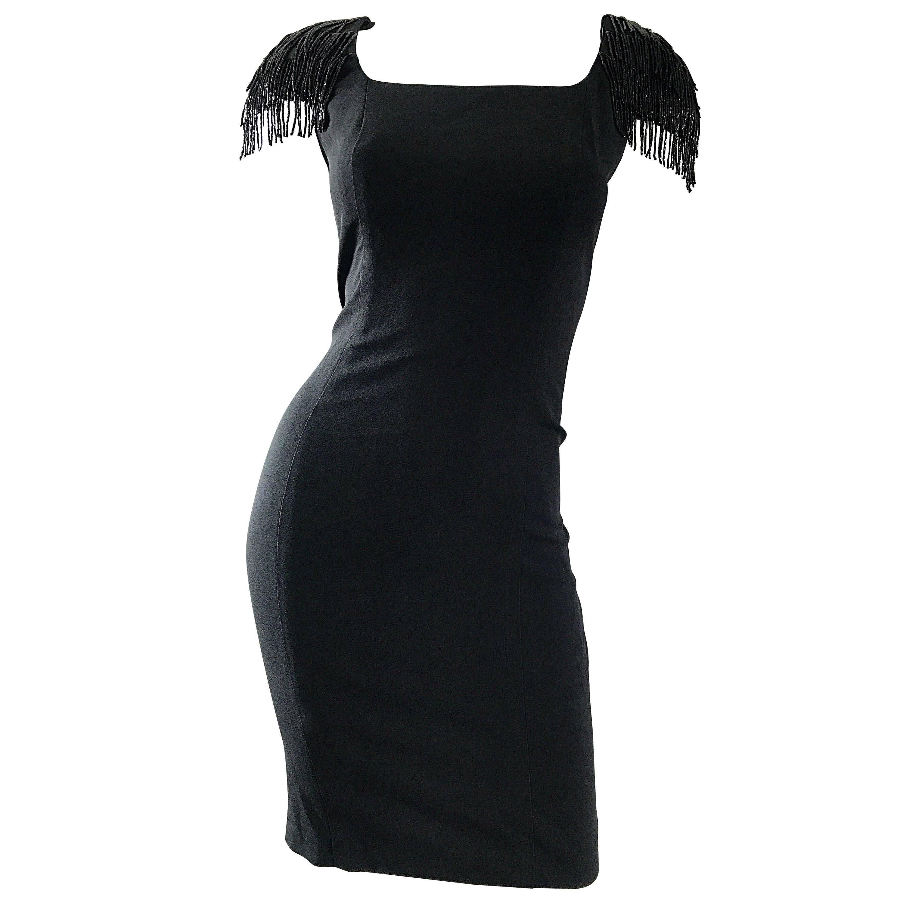 1990s Black Crepe Beaded Sleeves Bodycon Vintage Cap Sleeve Little Black Dress For Sale