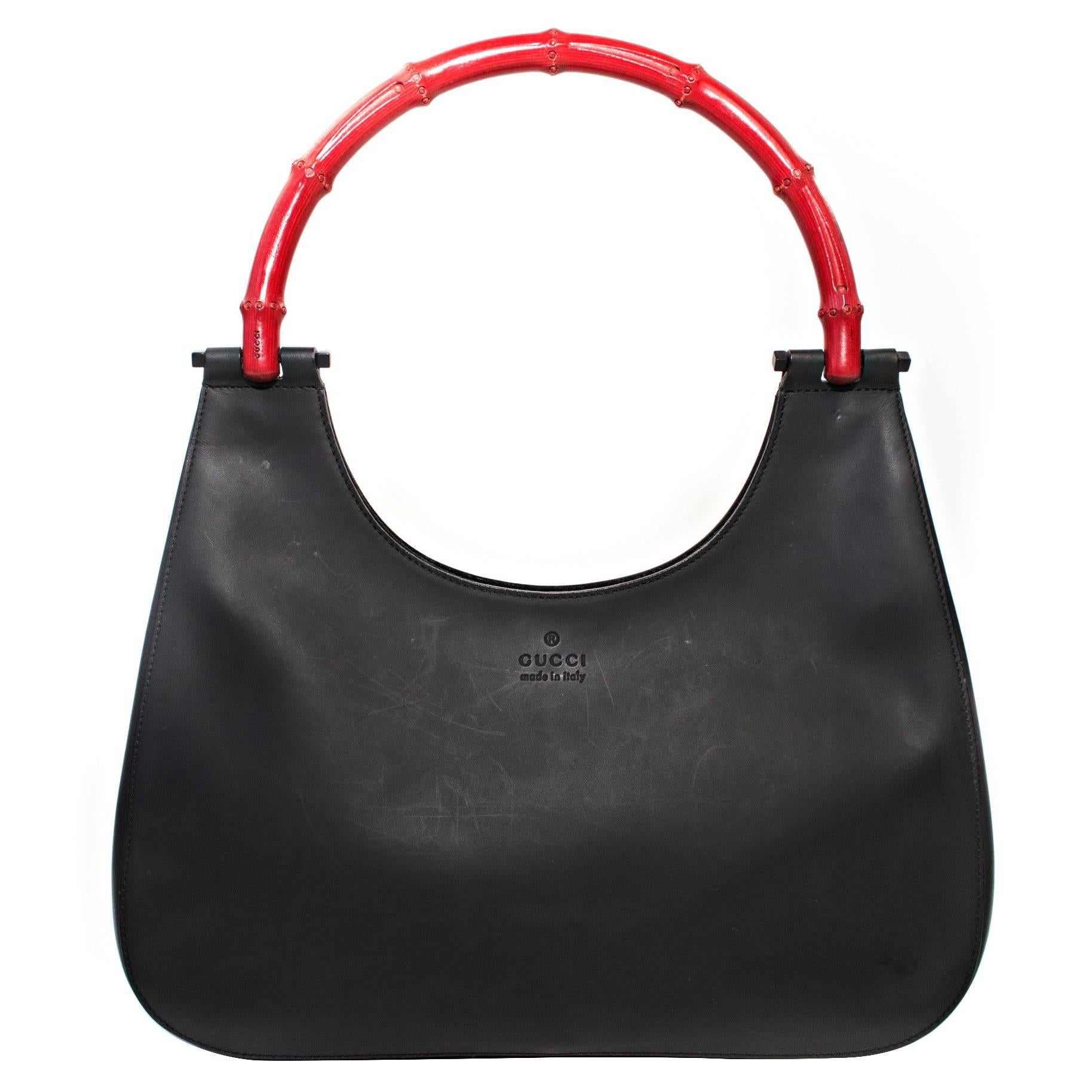 Gucci Matte Black Hobo Style Handbag with Bamboo Handle 