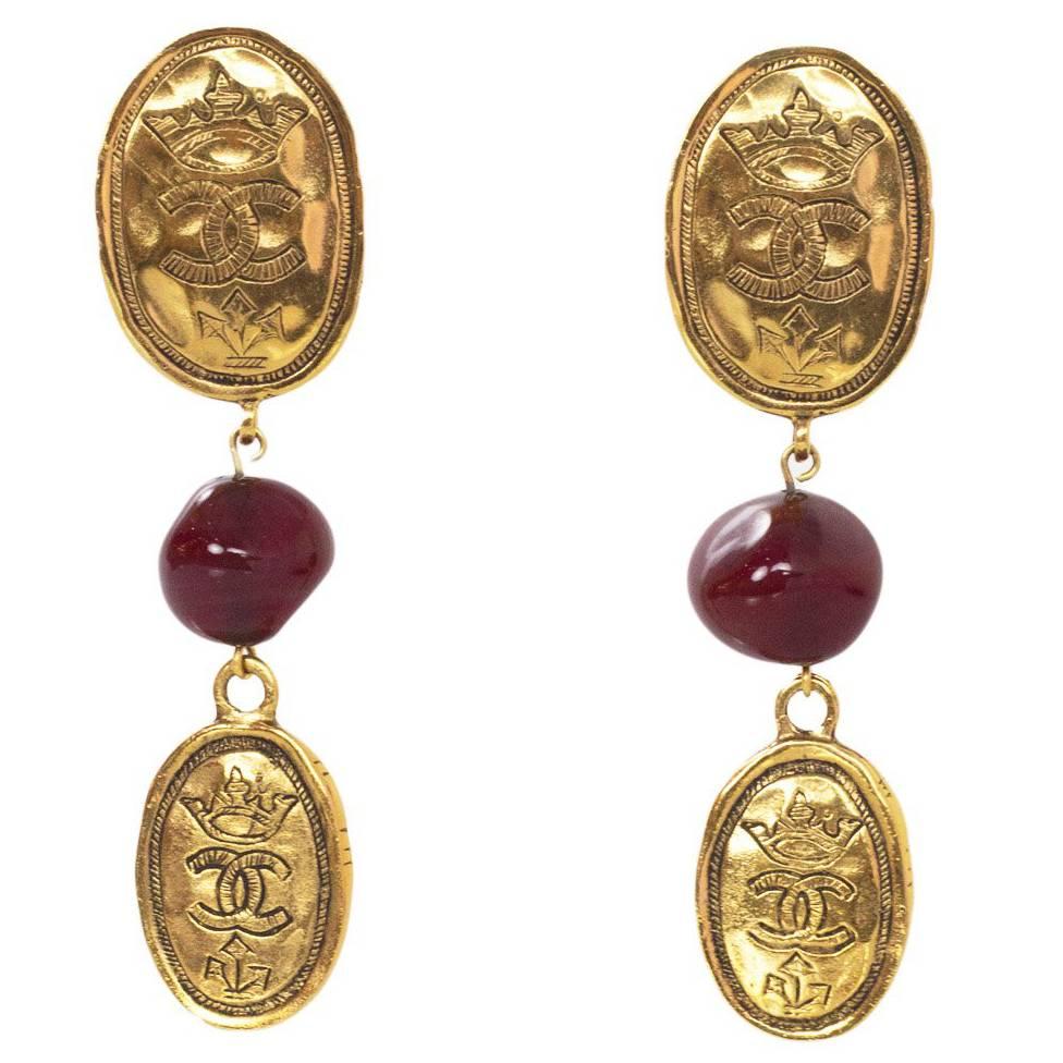 Chanel Vintage '87 Goldtone CC & Red Gripoix Drop Clip-On Earrings