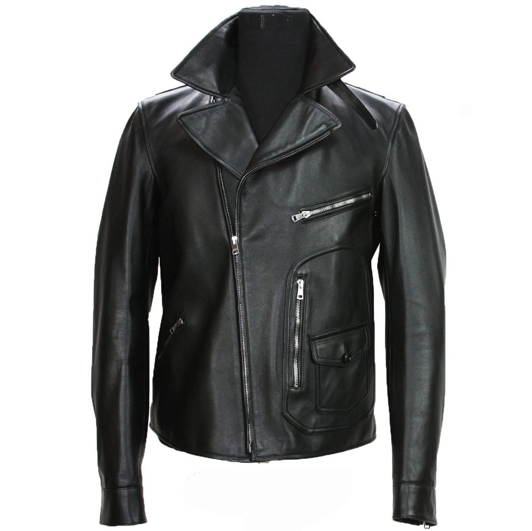 New GUCCI Men's Black Leather Moto Biker Jacket It. 52 - US 42 For Sale
