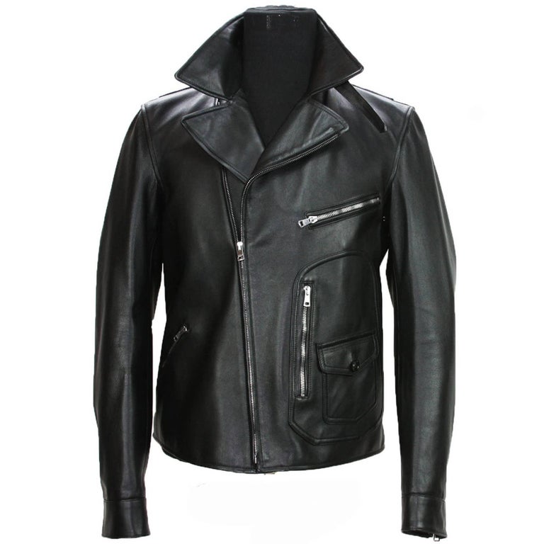New GUCCI Men''s Black Leather Moto Biker Jacket It. 52 - US 42 For Sale at  1stDibs