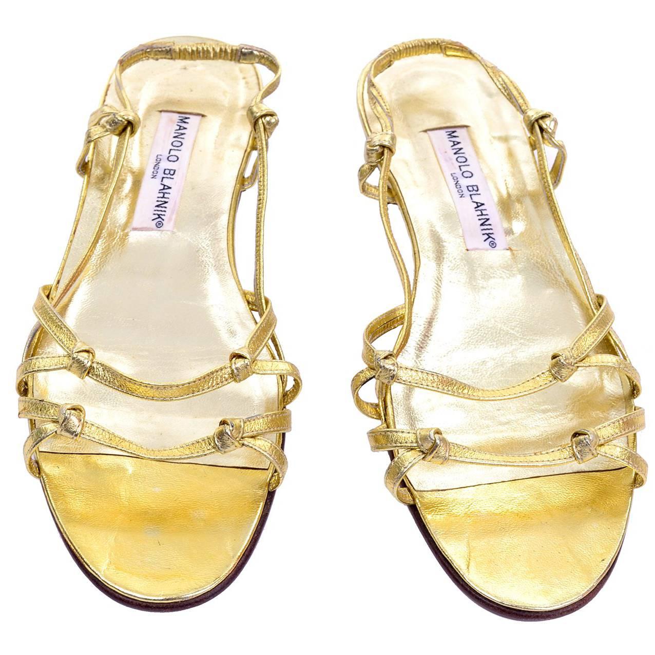 Unworn Vintage Gold Leather Manolo Blahnik Sandals Size 9 Shoes