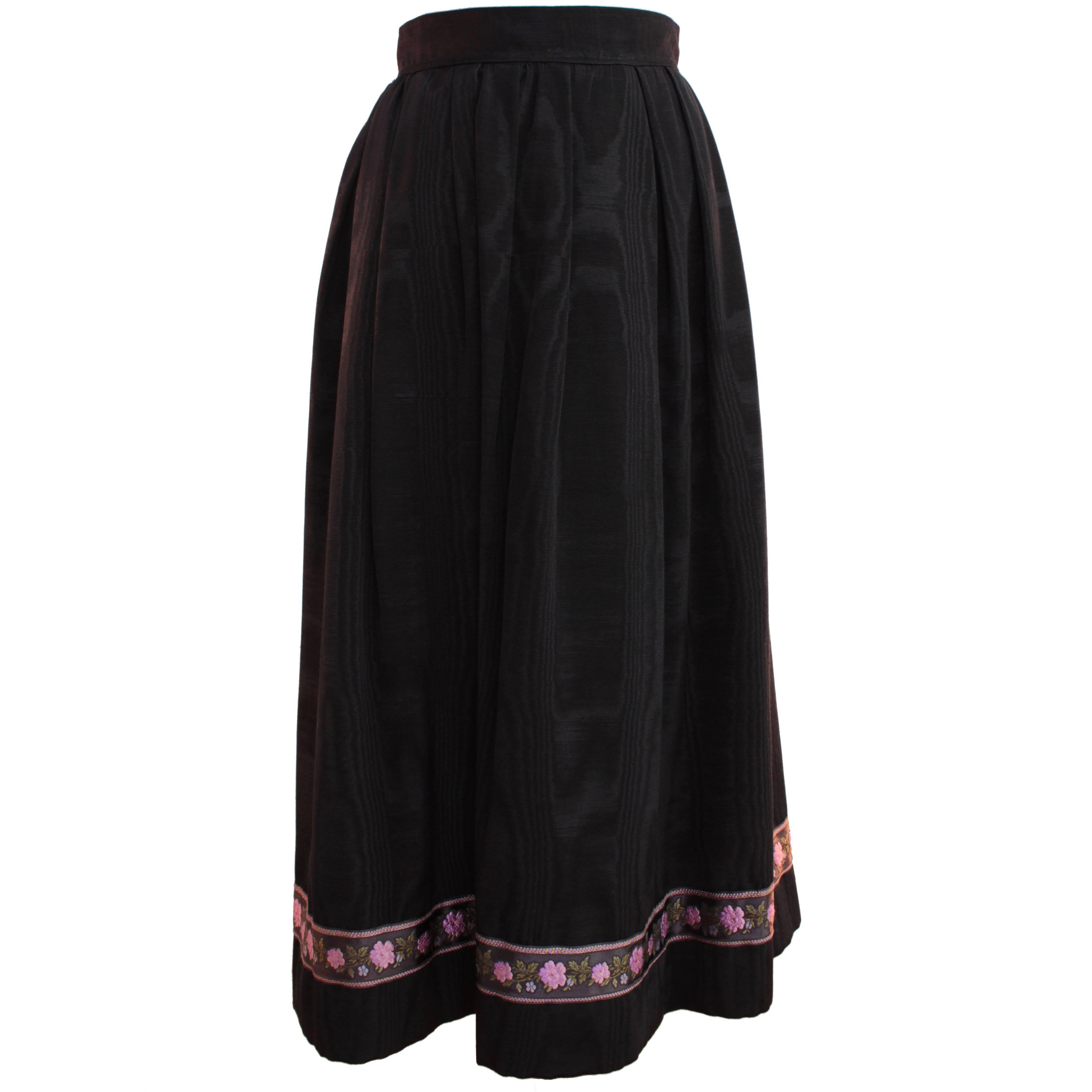 Yves Saint Laurent Silk Skirt Black Moire Embroidered Hem Russian Peasant 70s