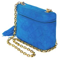 Vintage Limited Chanel Blue Suede Shoulder Bag w/ Tassel Zipper 