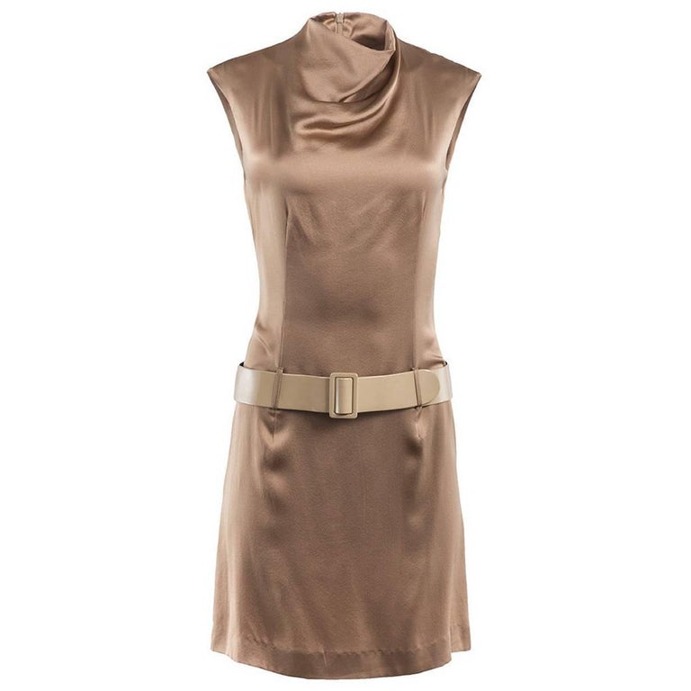 1980's Paco Rabanne Gold Silk Mock Neck Belted Mini Dress For Sale