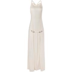1980's Paco Rabanne Cream Stretch Cross Back Maxi Dress 11
