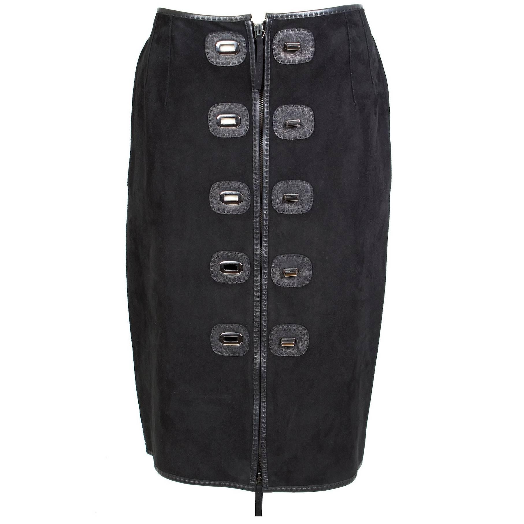 Jean Paul Gaultier Suede Skirt With Twist Lock Closures and Zipper circa 1990s