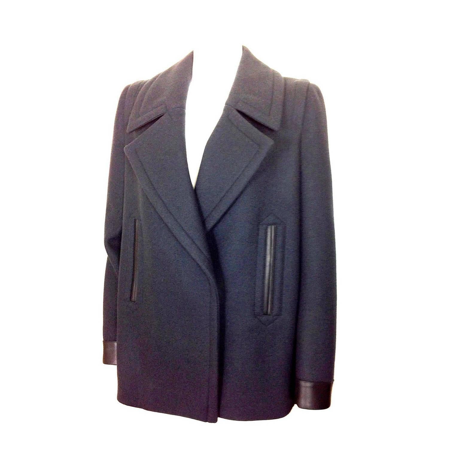 Hermes wool outerwear jacket with leather trim          size 34 For Sale
