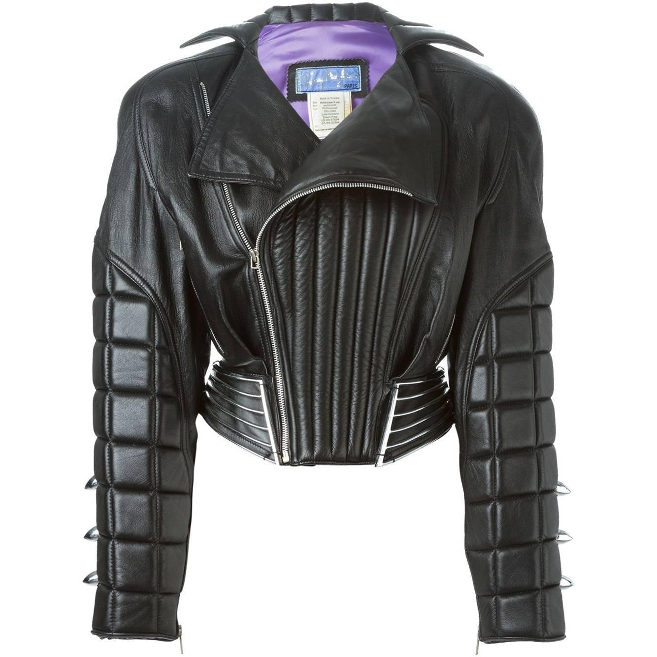 80's THIERRY MUGLER Leather padded bomber jacket For Sale