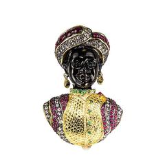 Blackamoor Ruby Emerald Gilt Sterling Silver Designer Brooch Pin Pendant 9
