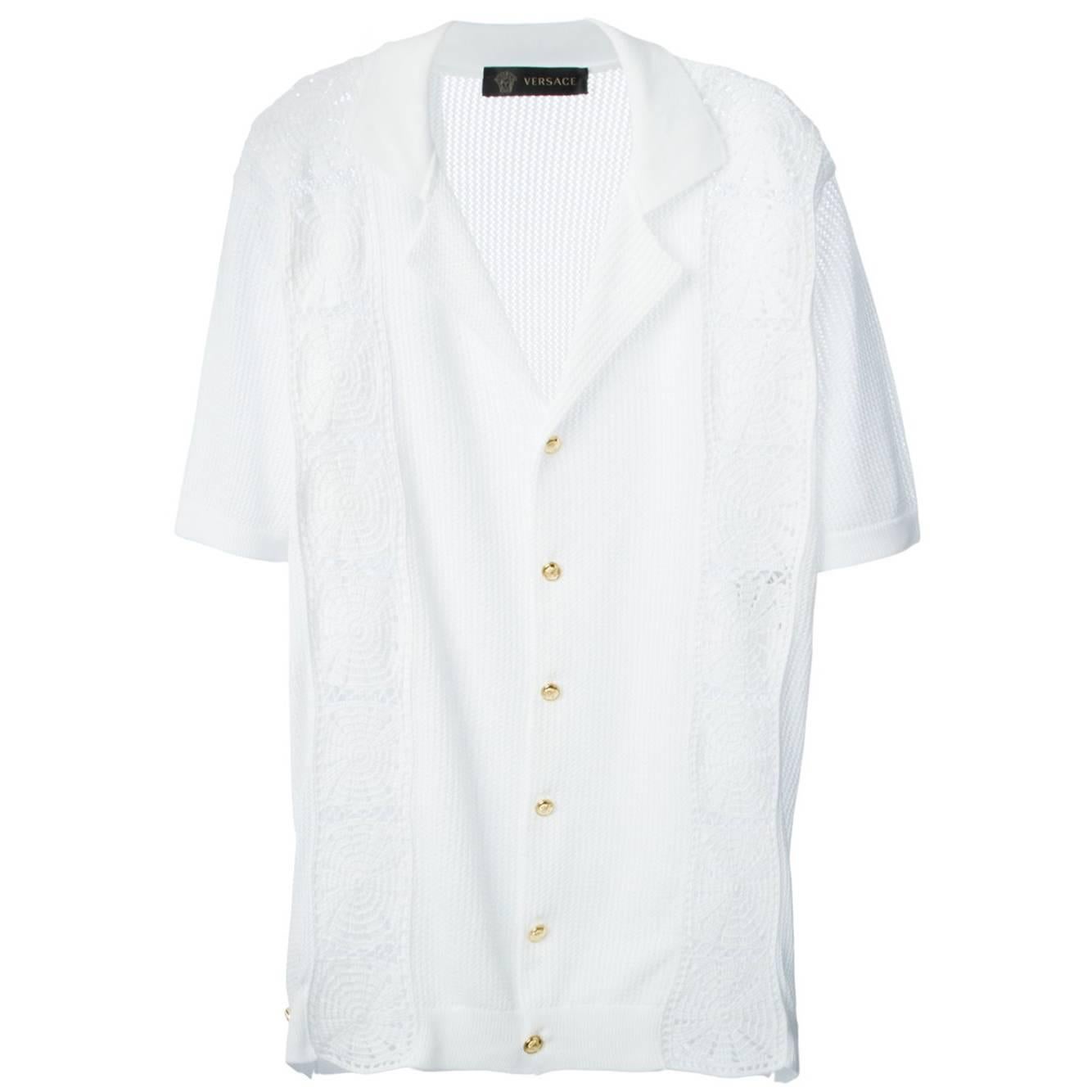 Neu $1875 Versace Herren Weißes Baumwoll-Makrame-Hemd Strickjacke Italienisch 54, 50 im Angebot