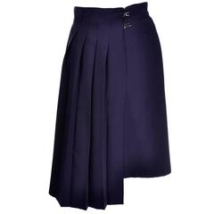 Claude Montana Avant Garde Vintage Pleated Navy Blue Wool Skirt Size 14