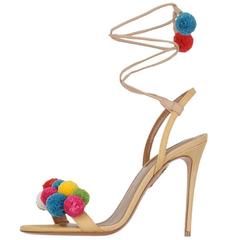 Aquazzura New & Sold Out Nude Multi Color Pom Pom Sandals Heels in Box 