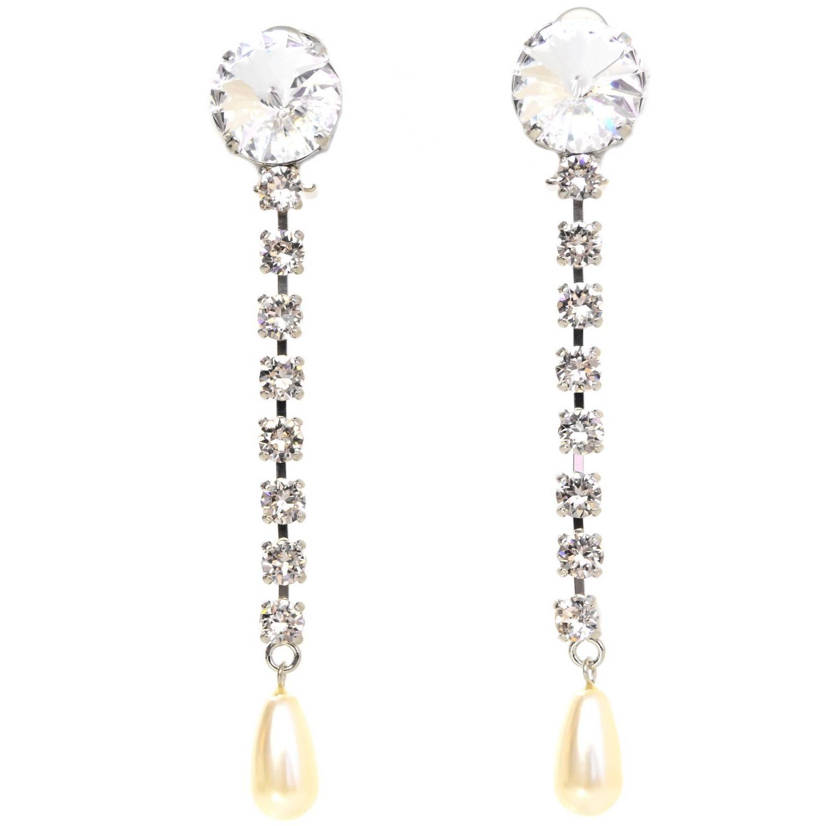 Miu Miu Silver-Plated Swarovski Crystal & Pearl Clip-On Drop Earrings