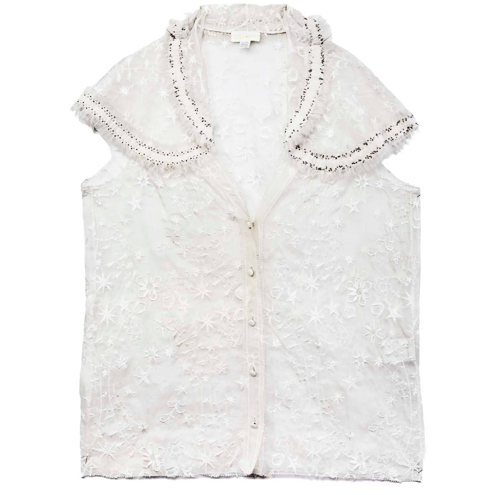 Nina Ricci White Embroidered Silk Cap Sleeve Top sz US4