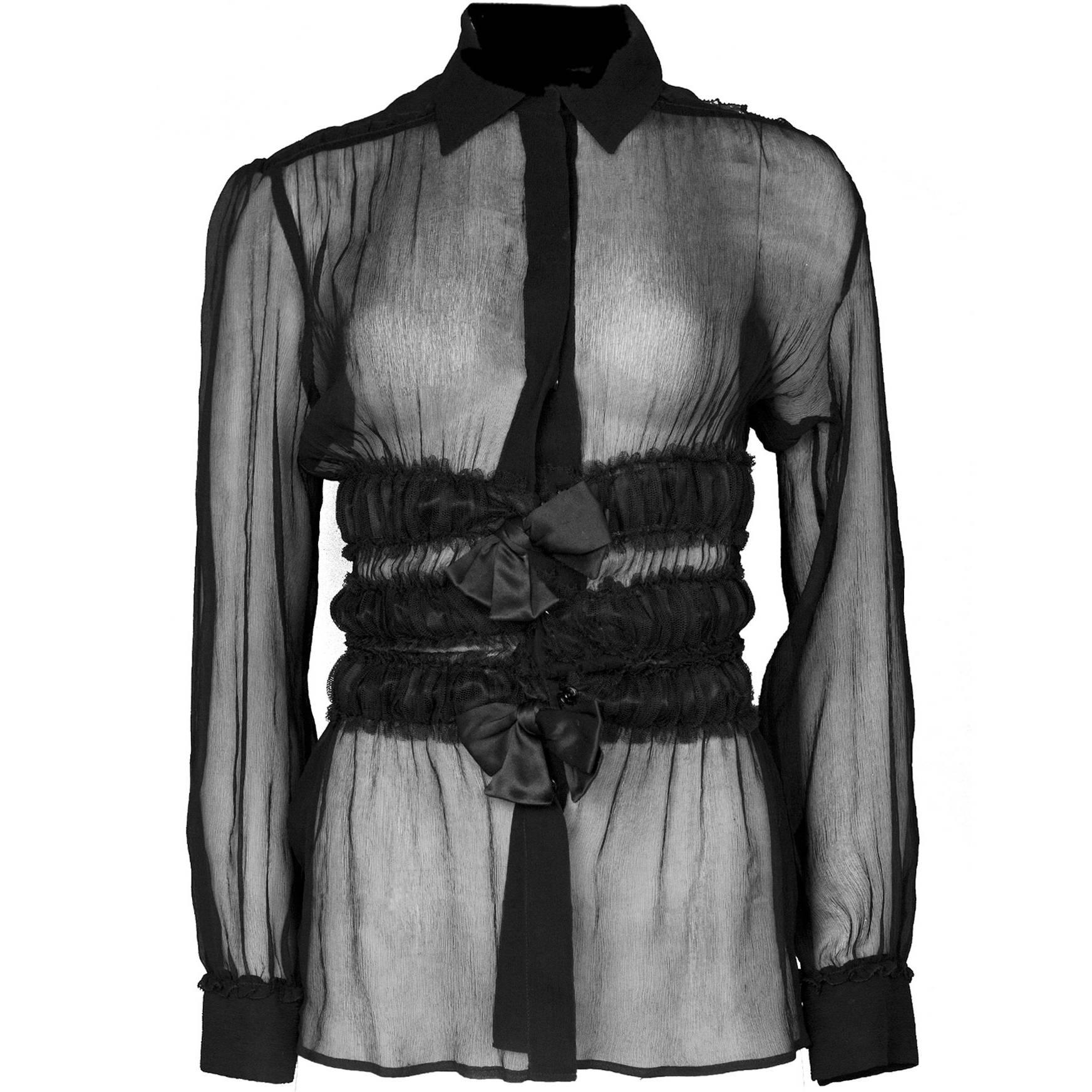 Jean Paul Gaultier Black Silk Long Sleeve Ruffle Top sz US6