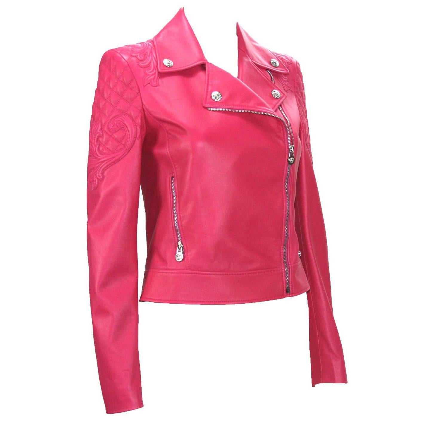 New $6, 495 Versace Hot Pink Quilted Leather Medusa Moto Jacket It. 38