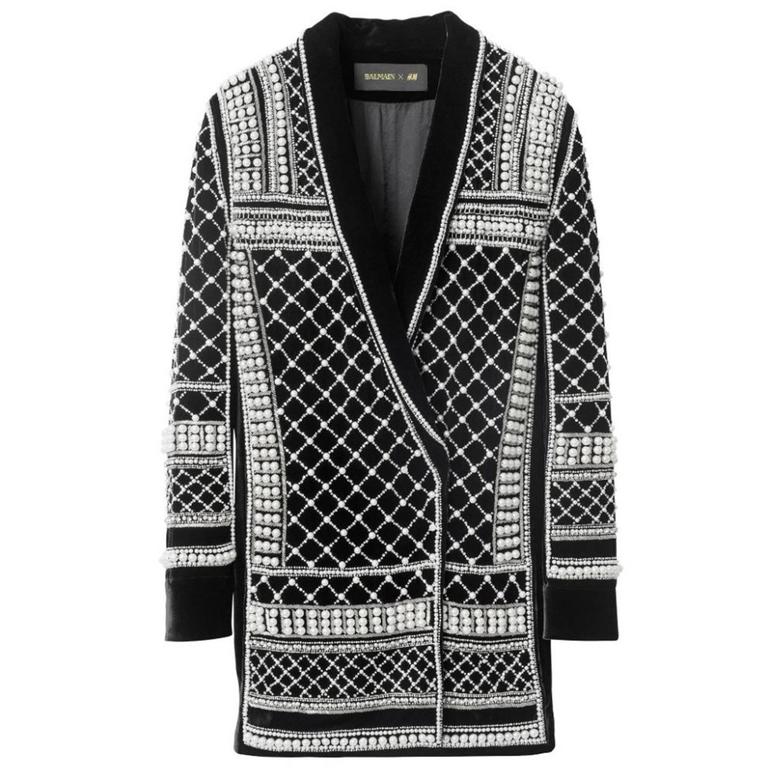 Balmain x H&M NEW Black Velvet Pearl and Crystal Embellished Jacket sz US12 For Sale at 1stDibs | balmain pearl h&m balmain jacket, balmain pearl