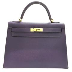 Hermes Kelly 32 Iris Epsom Leather Gold Metal Satchel