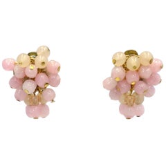 Vintage 1950s Signed DeMario Pink Glass Bead Earrings