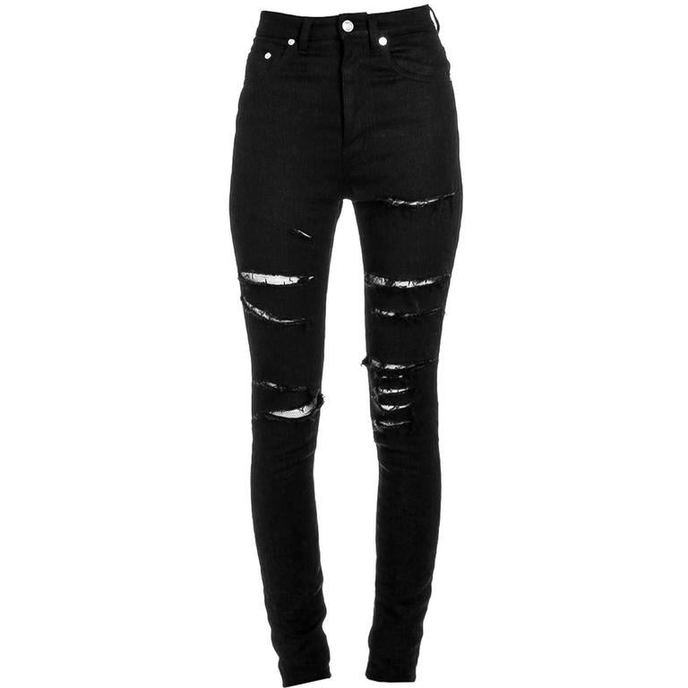 Saint Laurent Black Distressed Skinny Jeans w/ Fishnet Inset sz 25 rt ...