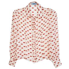 Prada Sheer Ivory Lips Printed Silk Blouse sz IT46 7