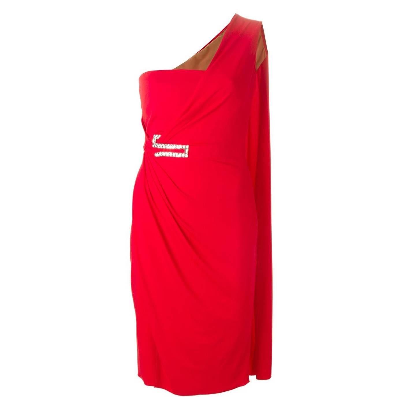 New VERSACE One Shoulder Red Jersey Cocktail Crystal Embellished Dress It 42 For Sale