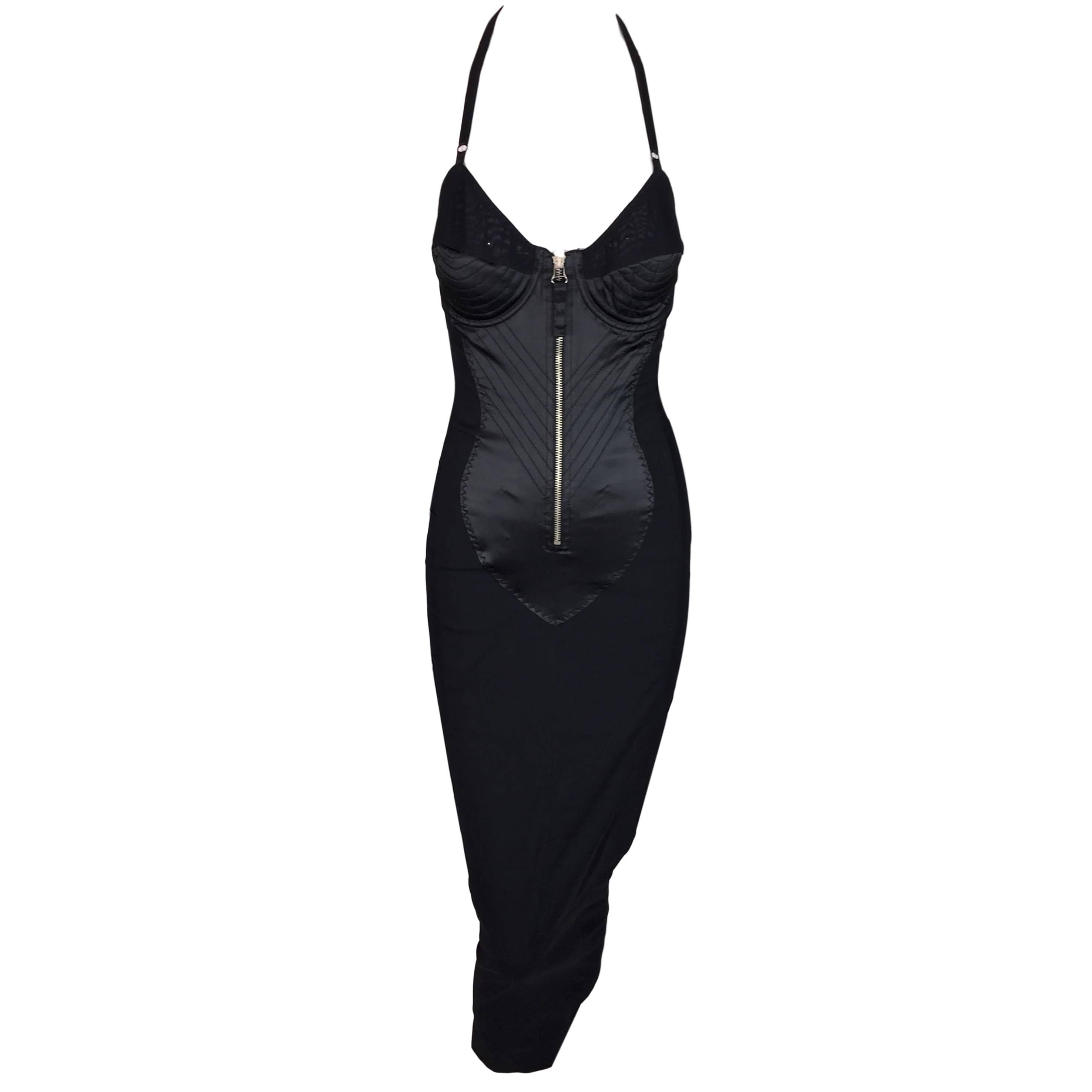 1987 Jean Paul Gaultier FIT Museum Black Mesh Corset Zipper Wiggle Dress