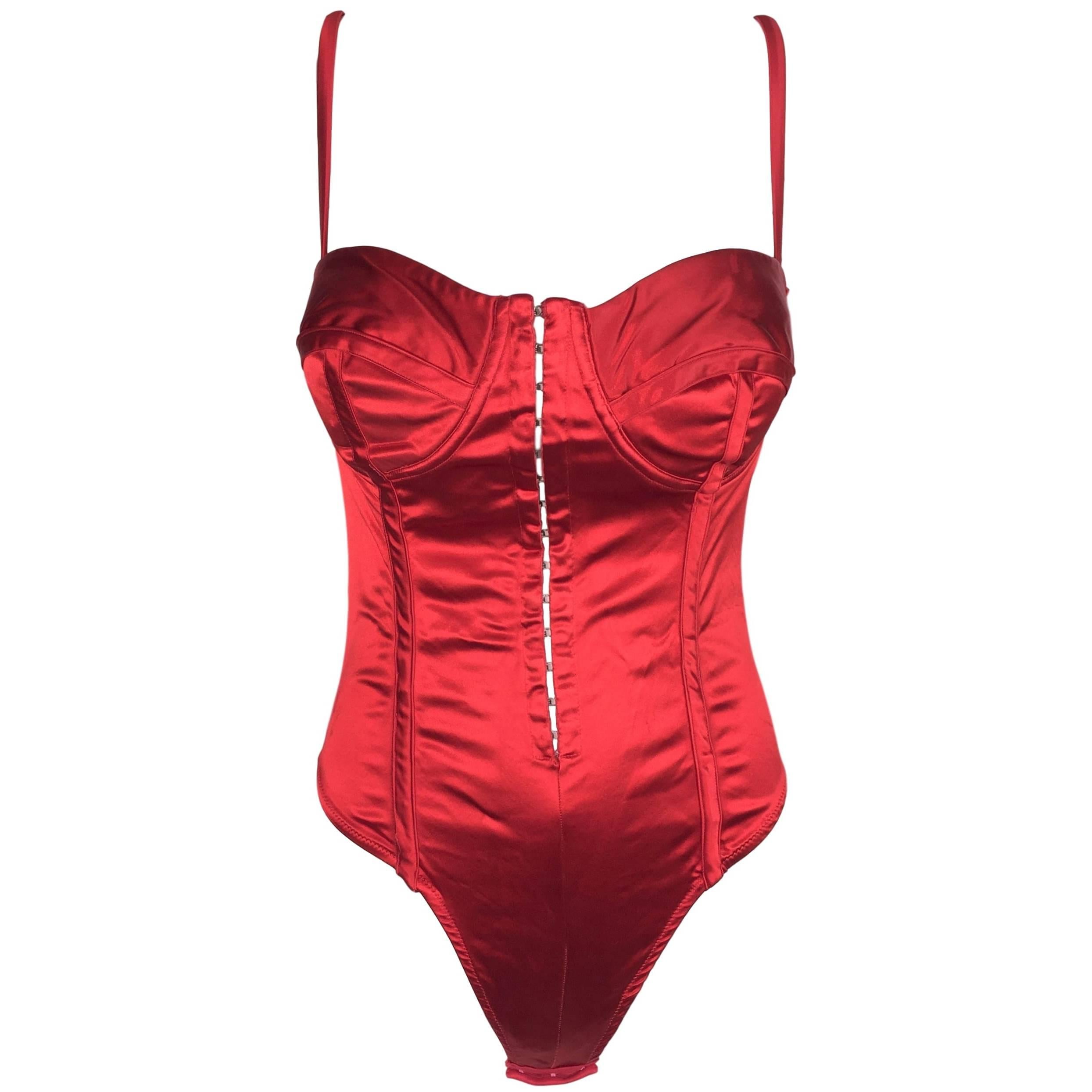 Dolce and Gabbana Red Stretch Satin Corset Bodysuit, 1990s at 1stDibs