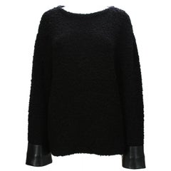 New $1630 GUCCI Boucle Wool Alpaca Black Knitted Sweater w / Leather Cuffs M (L)