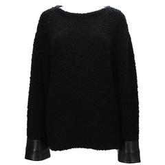 New $1630 GUCCI Boucle Wool Alpaca Black Knitted Sweater w / Leather Cuffs M 9