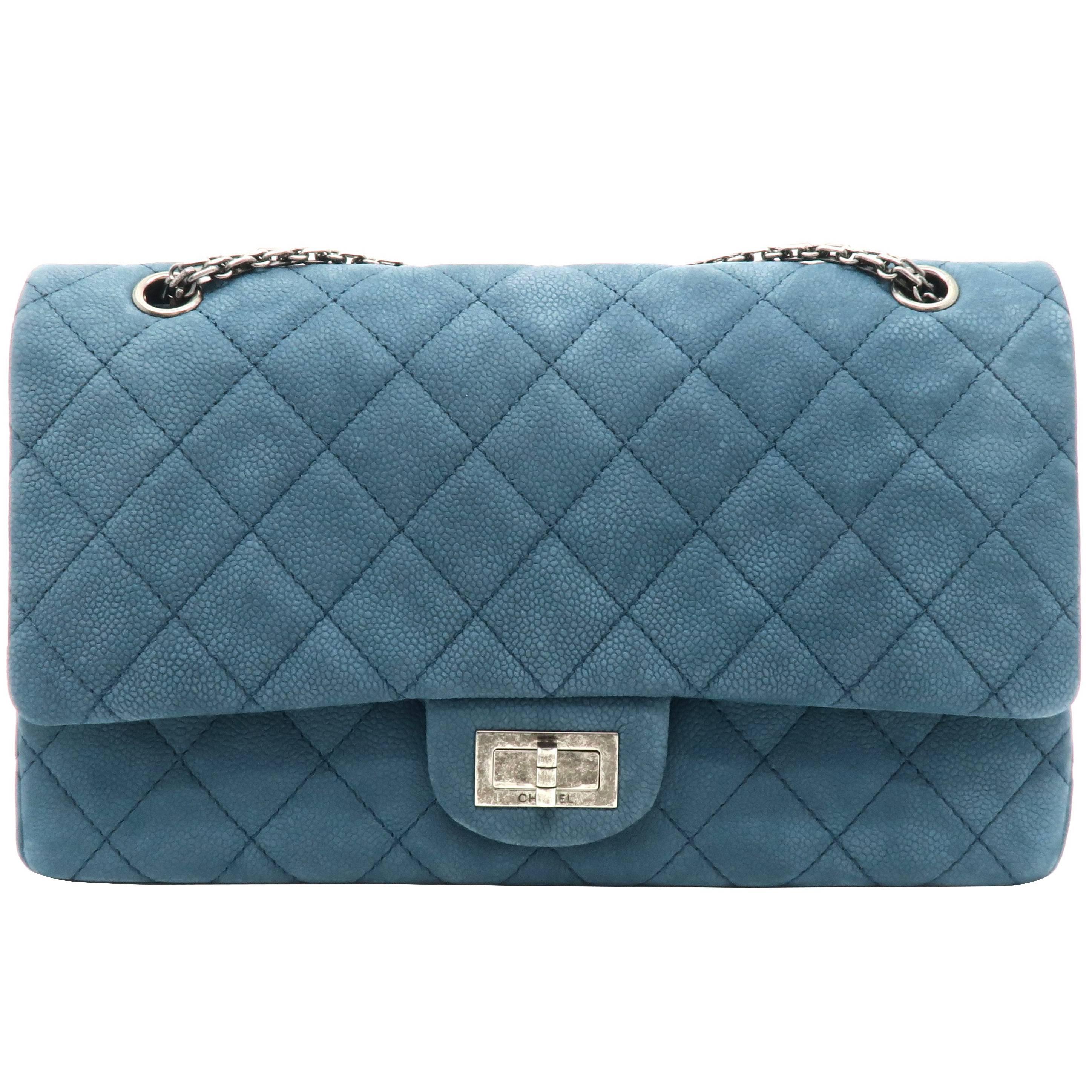 Chanel 2.55 Flap Blue Quilting Caviar Leather Silver Metal Shoulder Bag