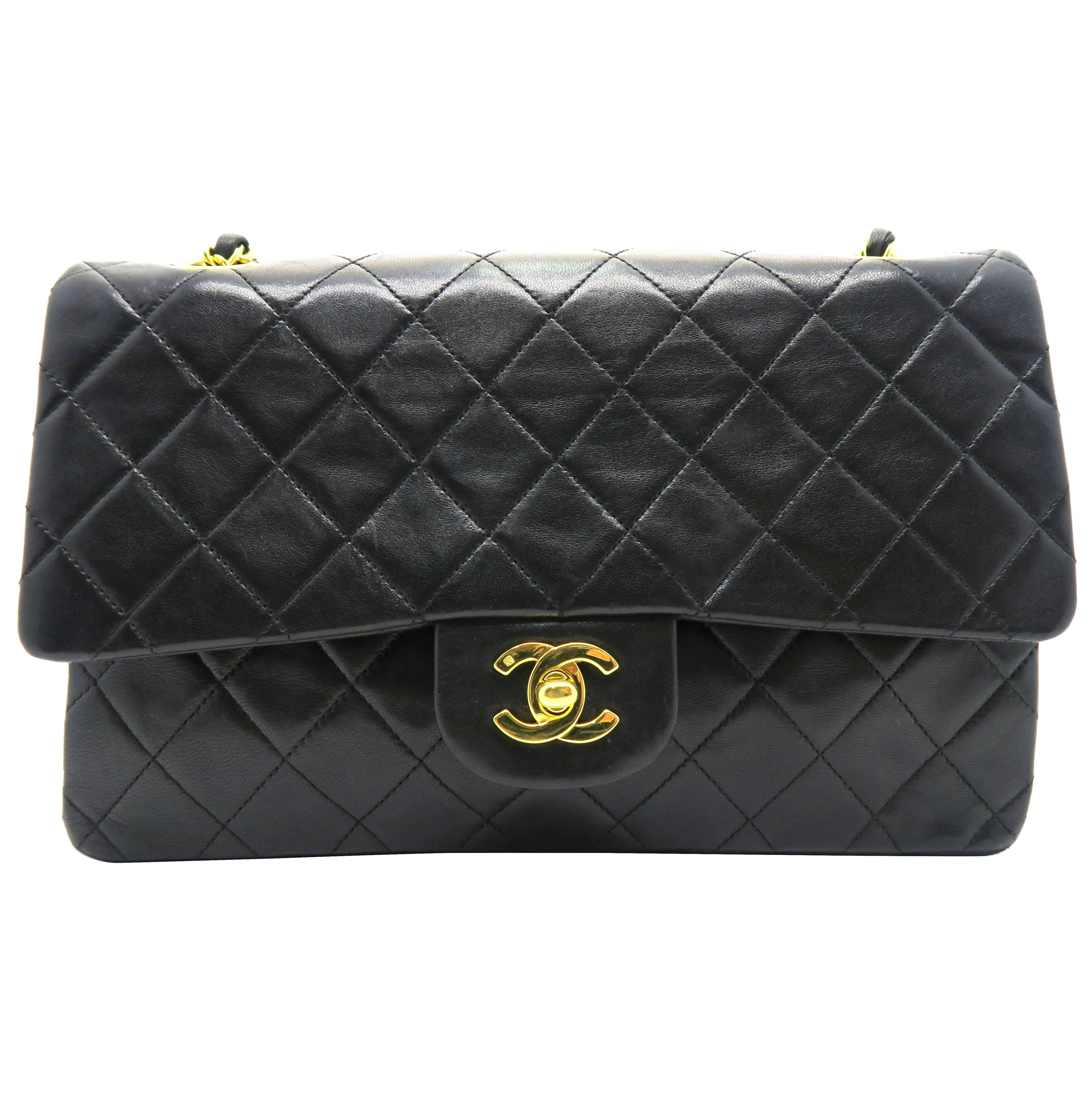 Chanel Quilting Lambskin Classic Double Flap Gold Metal Flap Bag Black For Sale