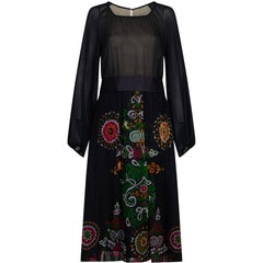 Robell 1970s Couture Black Silk Floral Chiffon Dress