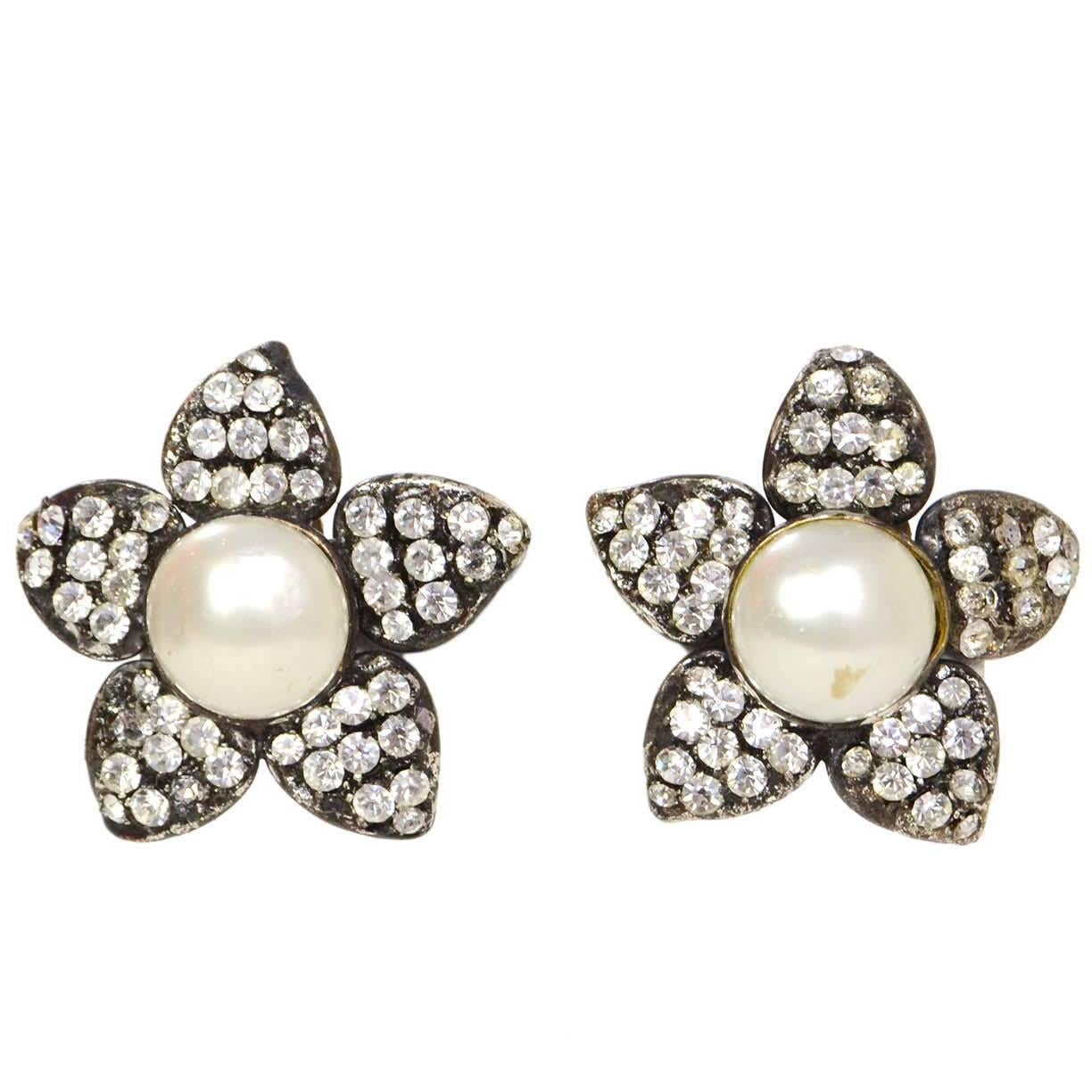 Chanel Vintage Crystal & Pearl Flower XL Clip On Earrings