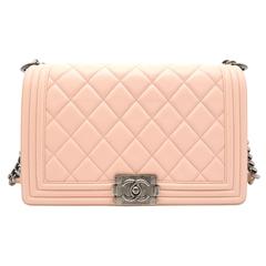 Chanel Boy Flap Pink Quilted Lambskin Leather Silver Metal Chain Shoulder Bag