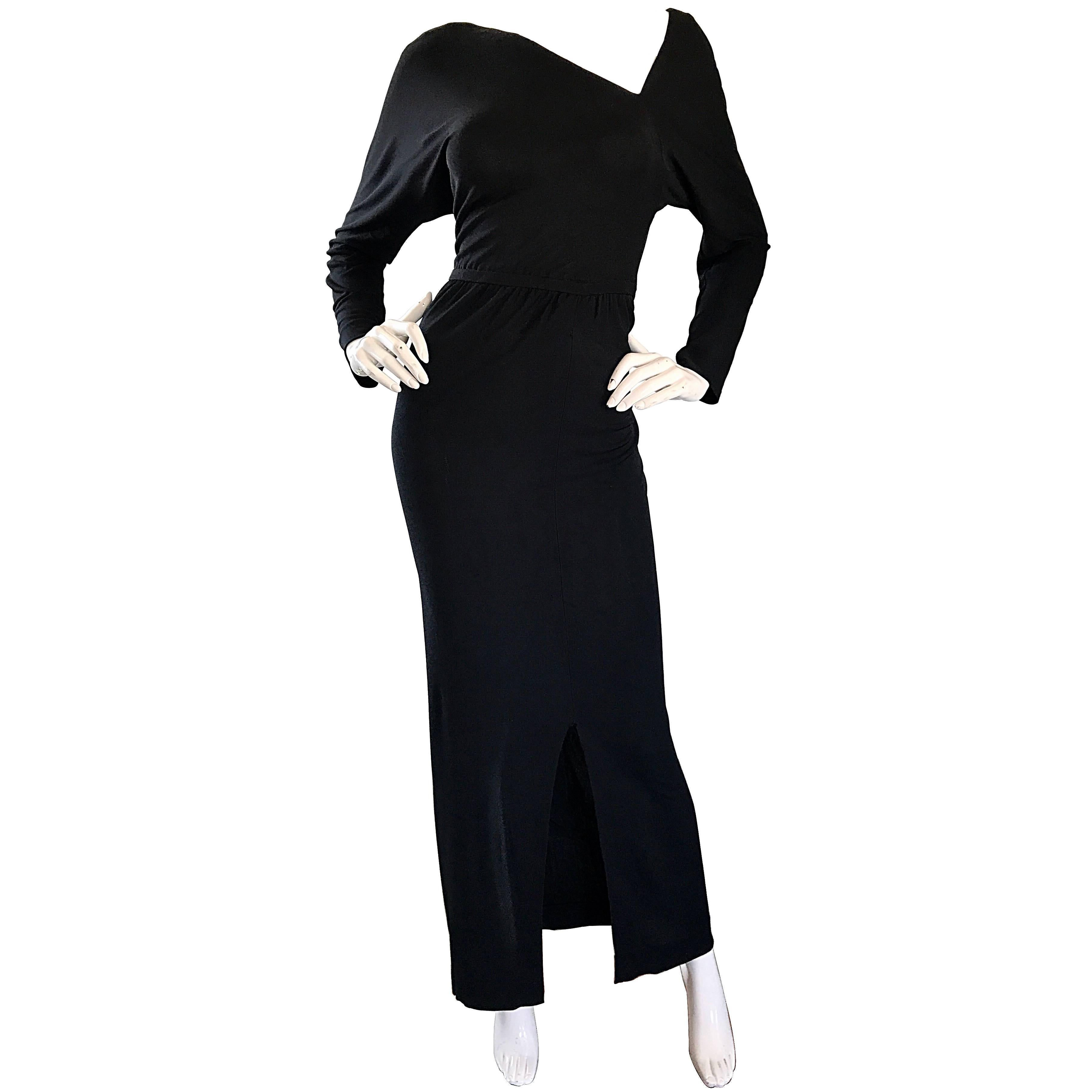  Halston 1970s Black Jersey Asymmetrical 70s Vintage Dolman Sleeve Sexy Gown