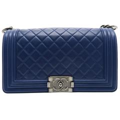 Chanel Boy Flap Blue Quilted Lambskin Leather Silver Metal Chain Shoulder Bag