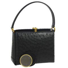 Gucci Vintage Black Ostrich Leather GHW Evening Top Handle Satchel Kelly Bag